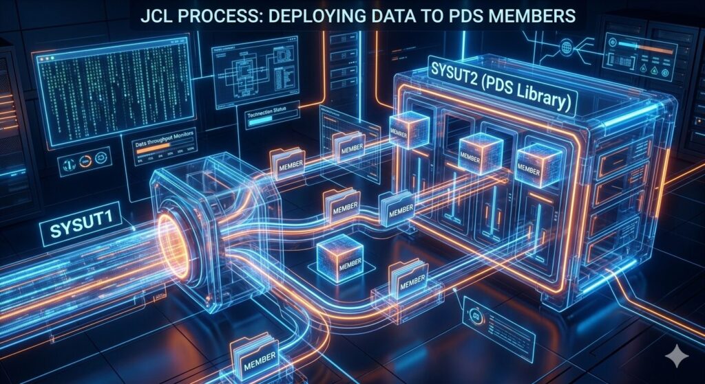 フューチャリスティックなデータセンターで、一つの大きなデータソース（SYSUT1）から複数の小さなデータフォルダ（メンバー）へとデータが分割・格納されている様子。各フォルダには「MEMBER」のラベルがあり、それらが巨大なストレージコンテナ（SYSUT2 - PDS）へと精密にデプロイされている。青とオレンジのネオンが輝く、システマチックな図解。