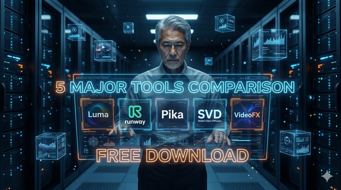 データセンターのサーバーラックの間で、ベテランエンジニア（じいじ）が巨大なホログラムパネルを操作している様子。パネルには「5 MAJOR TOOLS COMPARISON」の文字と、Luma、Runway、Pika、SVD、VideoFXの5つのツールロゴが並び、下部には「FREE DOWNLOAD」のネオンサインが輝いている。全体的にサイバーパンクで信頼感のあるビジュアル。