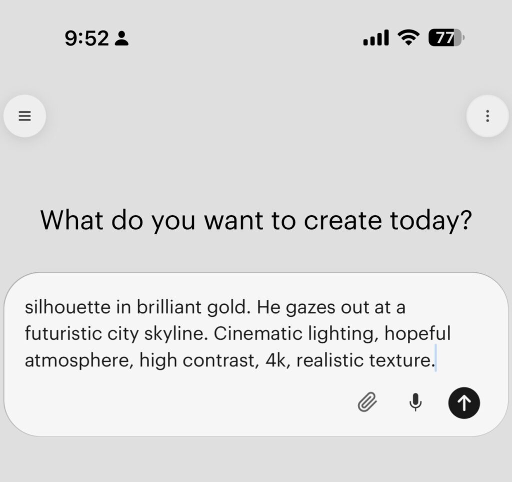 Luma Dream Machineの入力欄に、英語の動画生成プロンプト（brilliant gold, futuristic city skylineなど）が入力されているスマートフォン画面。右下の送信矢印ボタンを押す直前の状態のスクリーンショット。
