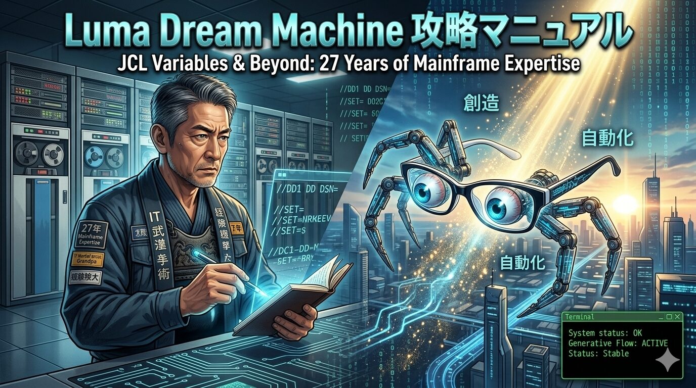 左側にサーバーラックとモニターを背にしたベテランエンジニアの男性、右側に足と目が生えてクリーチャー化したメガネが、近未来都市の背景と融合しているデザイン。「Luma Dream Machine 攻略マニュアル」の文字が上部に配置されたブログ用アイキャッチ画像。