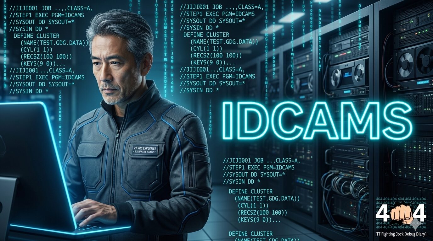 メインフレームのサーバー室で、JCLコードが浮かび上がる中、コンソールを操作するベテランエンジニアの男性。背景には青く光るIDCAMSの文字とデータセンターのサーバーラックが配置された、ブログ用アイキャッチ画像。