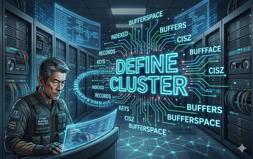 メインフレームのサーバー室で、ベテランエンジニアが操作するコンソールの前に浮かび上がる「DEFINE CLUSTER」の巨大な文字。その周囲にKEYS、RECORDS、INDEXEDなどの主要パラメータ名が光のラインで繋がっているイメージ画像。