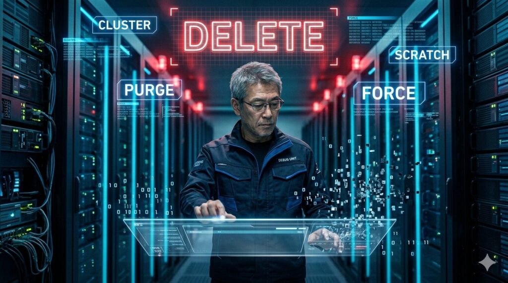 データセンターのサーバーラックの間で、赤いネオンで表示された「DELETE」の文字を見つめるベテランエンジニア。周囲にはCLUSTER、PURGE、SCRATCH、FORCEといった削除用パラメータが浮かび、不要なデータセットを物理的・論理的に消去しているイメージ画像。