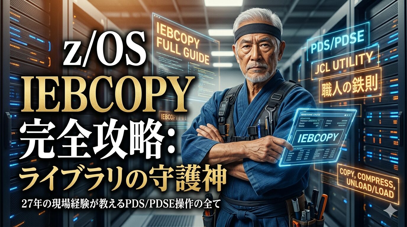 IBMメインフレーム（z/OS）のJCLユーティリティ「IEBCOPY」を、27年のベテラン職人（ITFighting Grandpa）が、サーバーラックとホログラムディスプレイの前でクロス腕で解説する、サイバーパンク風アイキャッチ画像。区分データセット（PDS/PDSE）のコピー、圧縮、アンロード/ロードといった機能が、Glowingな日本語と英語で表示されている。