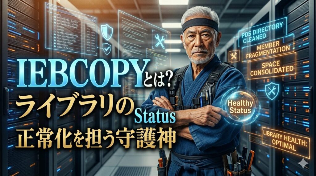 IBMメインフレーム（z/OS）のベテランITエンジニア（ITFighting Grandpa）が、ホログラムディスプレイとサーバーラックの前でクロス腕で立っている。画像内にはGlowingな日本語と英語で、「IEBCOPYとは？」「ライブラリの Status 正常化を担う守護神」という見出しが表示されている。さらに、ホログラムディスプレイには「PDSディレクトリのクリーンアップ」「メンバー断片化の除去」「スペースの断片化解消」「ライブラリの健康状態：最適」といったIEBCOPYの機能が日本語と英語でビジュアライズされている。