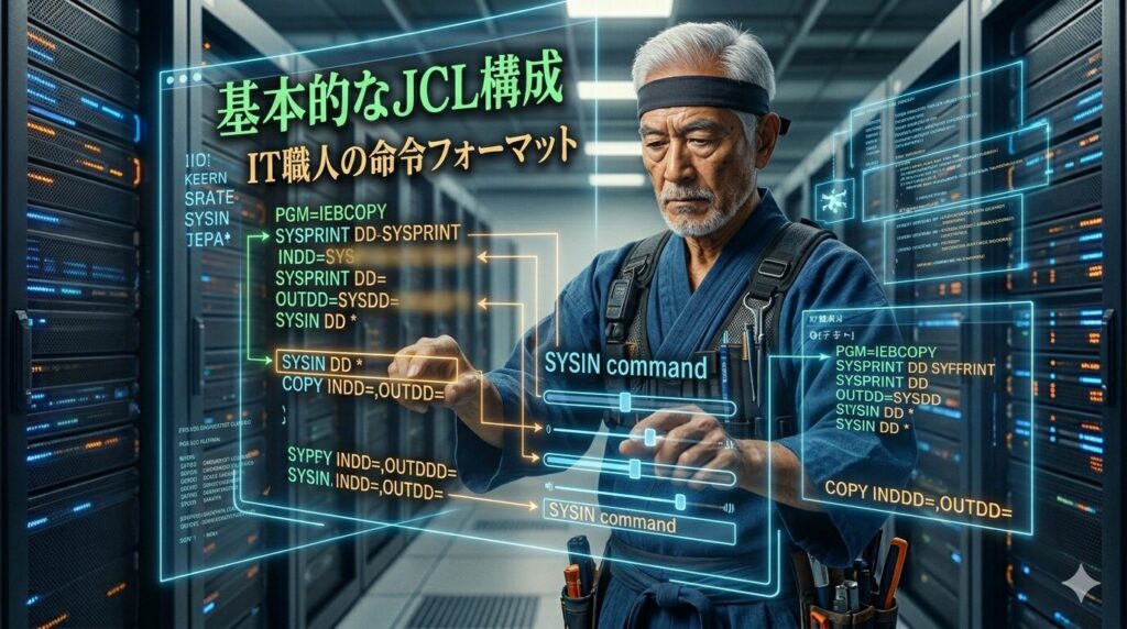 ベテランITエンジニア（ITFighting Grandpa）が、サーバーラックの間で空中ホログラムディスプレイを操作している。ホログラムには「基本的なJCL構成：IT職人の命令フォーマット」という見出しとともに、PGM=IEBCOPY、SYSPRINT DD、INDD、OUTDD、そしてSYSIN DD *といったIEBCOPYを実行するためのJCL構文が、青く光るサイバーなインターフェースとしてビジュアライズされている。JCLの各ステップがデータフロー図のように接続され、職人がシステムを構築している様子が描かれている。