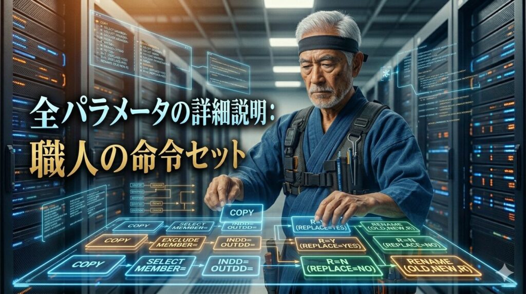 ベテランIT職人のじいじ（ITFighting Grandpa）が、サーバーセンター内で空中に浮かぶ複数の命令パネルを慎重に操作している。「全パラメータの詳細説明：職人の命令セット」というタイトルが添えられ、ホログラム上には「COPY」「INDD/OUTDD」「SELECT MEMBER=」「R=Y (REPLACE=YES)」「RENAME」といったIEBCOPYの主要なパラメータやコマンドが、フローチャートのような形式で青く光り輝いている。職人が最適なシステム設定（命令セット）を構築している様子を描写したサイバーパンク風画像。