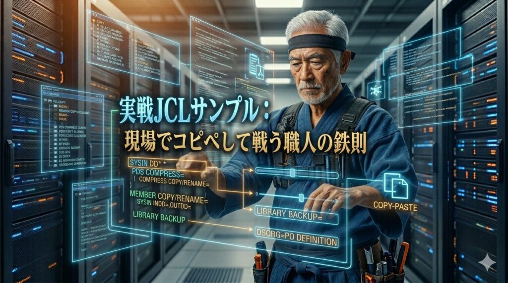 サーバーセンター内で、ベテランIT職人のじいじ（ITFighting Grandpa）が、複数のホログラムディスプレイに映し出されたJCLコードを操作している。「実戦JCLサンプル：現場でコピペして戦う職人の鉄則」というタイトルが添えられ、ディスプレイ上には「PDS圧縮」「メンバーコピー/名前変更」「ライブラリバックアップ」「DSORG=PO定義」といった、IEBCOPYの主要な機能を実装した実戦的なJCLコードの断片が、青く光り輝くサイバーなUIで表示されている。職人が最適なコードブロックを選択（コピペ）してシステムを構築している様子を描写した、サイバーパンク風画像。