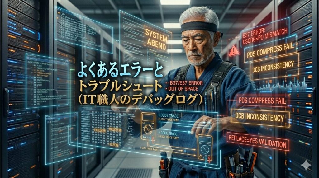 サーバーセンター内で、ベテランIT職人のじいじ（ITFighting Grandpa）が、複数のホログラムディスプレイに映し出されたエラーログと診断データを操作している。「よくあるエラーとトラブルシュート（IT職人のデバッグログ）」というタイトルが添えられ、ディスプレイ上には「B37 ERROR: OUT OF SPACE」「E37 ERROR: DSORG=PO MISMATCH」「PDS COMPRESS FAIL」「DCB INCONSISTENCY」といった、IEBCOPYで発生しやすい致命的なエラーメッセージやシステム・アベンド（SYSTEM ABEND）の状態が、赤とアンバーに光り輝くサイバーなUIで表示されている。職人がエラーの原因を特定し、システムを正常な状態（ Status：Green ）に戻そうとしている様子を描写した、サイバーパンク風画像。