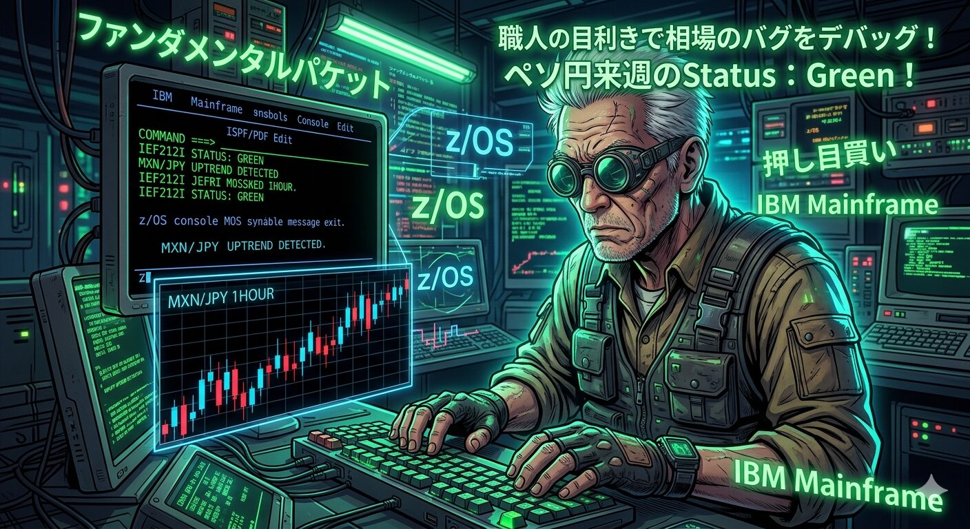 サイバーパンクな雰囲気の老エンジニア（じいじ）が、レトロなISPF画面（コンソールメッセージ付き）と、現代のFXチャート（ペソ円の上昇トレンド）を睨みながらキーボードを叩いている、ブログのアイキャッチ画像。画面には「STATUS: GREEN」や「押し目買い」の文字が光っている。