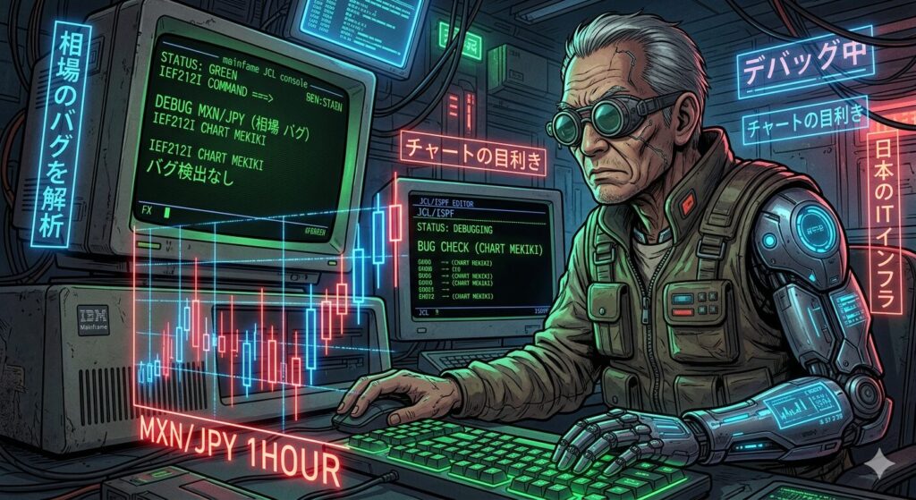 サイバーパンクな雰囲気の老エンジニア（じいじ）が、レトロなISPF画面（コマンドラインメッセージ付き）と、現代のFXチャート（ペソ円の上昇トレンド）を睨みながら、キーボードを叩いている、記事の中見出し用画像。画面には「DEBUGGING JCL (相場)」や「CHART MEKIKI」の文字が光り、相場のバグを炙り出しているぜ。