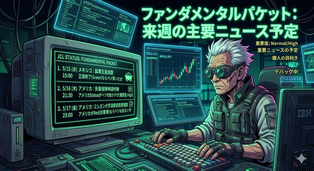 サイバーパンクな雰囲気の老エンジニア（じいじ）が、レトロなISPF画面（コマンドライン）と、そこから展開されるホログラフィックなニュースパケット（アメリカ・メキシコの重要指標、5/15〜17の予定）を睨みながらキーボードを叩いている、記事の中見出し用画像。画面には「JCL STATUS: FUNDAMENTAL PACKET」や「重要ニュースの予定」の文字が光り、外部要因を解析しているぜ。