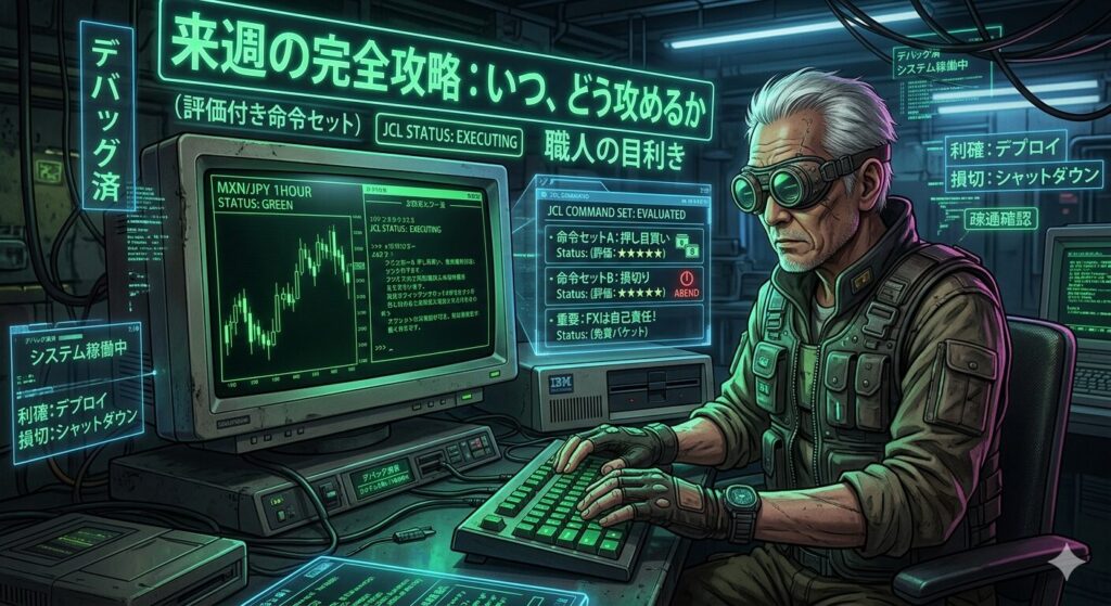 サイバーパンクな雰囲気の老エンジニア（じいじ）が、レトロなISPF画面（コマンドライン）と、そこから展開されるホログラフィックな「命令セット（評価付き）」を睨みながらキーボードを叩いている、記事の中見出し用画像。画面には「JCL COMMAND SET: EVALUATED」や「命令セットA：押し目買い(評価：★★★★★)」、「重要：FXは自己責任！」の文字が光り、戦略を制圧しているぜ。