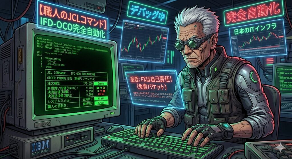 サイバーパンクな雰囲気の老エンジニア（じいじ）が、レトロなISPF画面（コンソールメッセージ付き）と、ホログラフィックな「IFD-OCO設定値（指値リファレンス）」を睨みながら、キーボードを叩いている、記事の中見出し用画像。画面には「JCL COMMAND: IFD-OCO AUTOMATION」や「新規買い指値：9.100」、「決済指値：9.150」、「決済逆指値：9.080」の文字が光り、完全自動化の最終デバッグを行っているぜ。