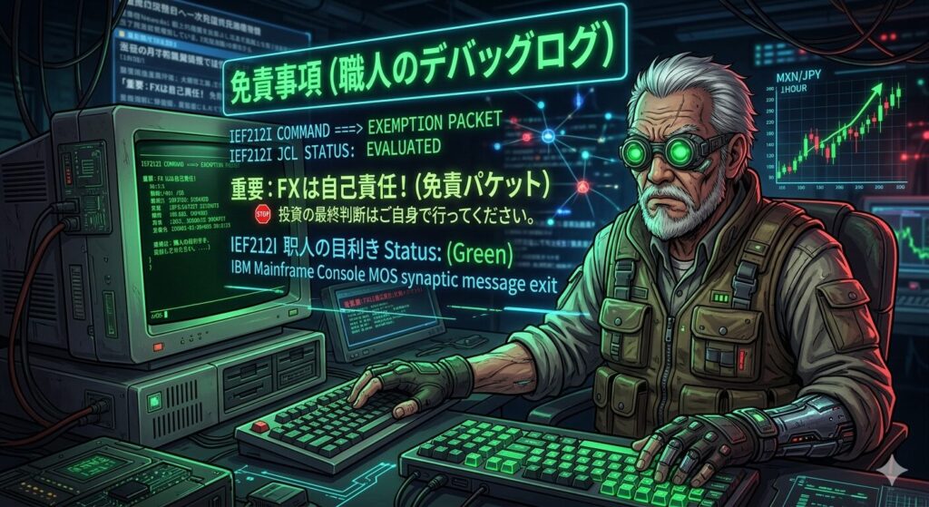 サイバーパンクな雰囲気の老エンジニア（じいじ）が、レトロなISPF画面（コンソールメッセージ付き）を睨みながら、重要事項を確認している、記事の最後見出し用画像。画面には「重要：FXは自己責任！（免責パケット）」や「IEF212I EXEMPTION PACKET EVALUATED」の文字が光り、投資の最終判断をユーザーに促すデバッグログが表示されているぜ。