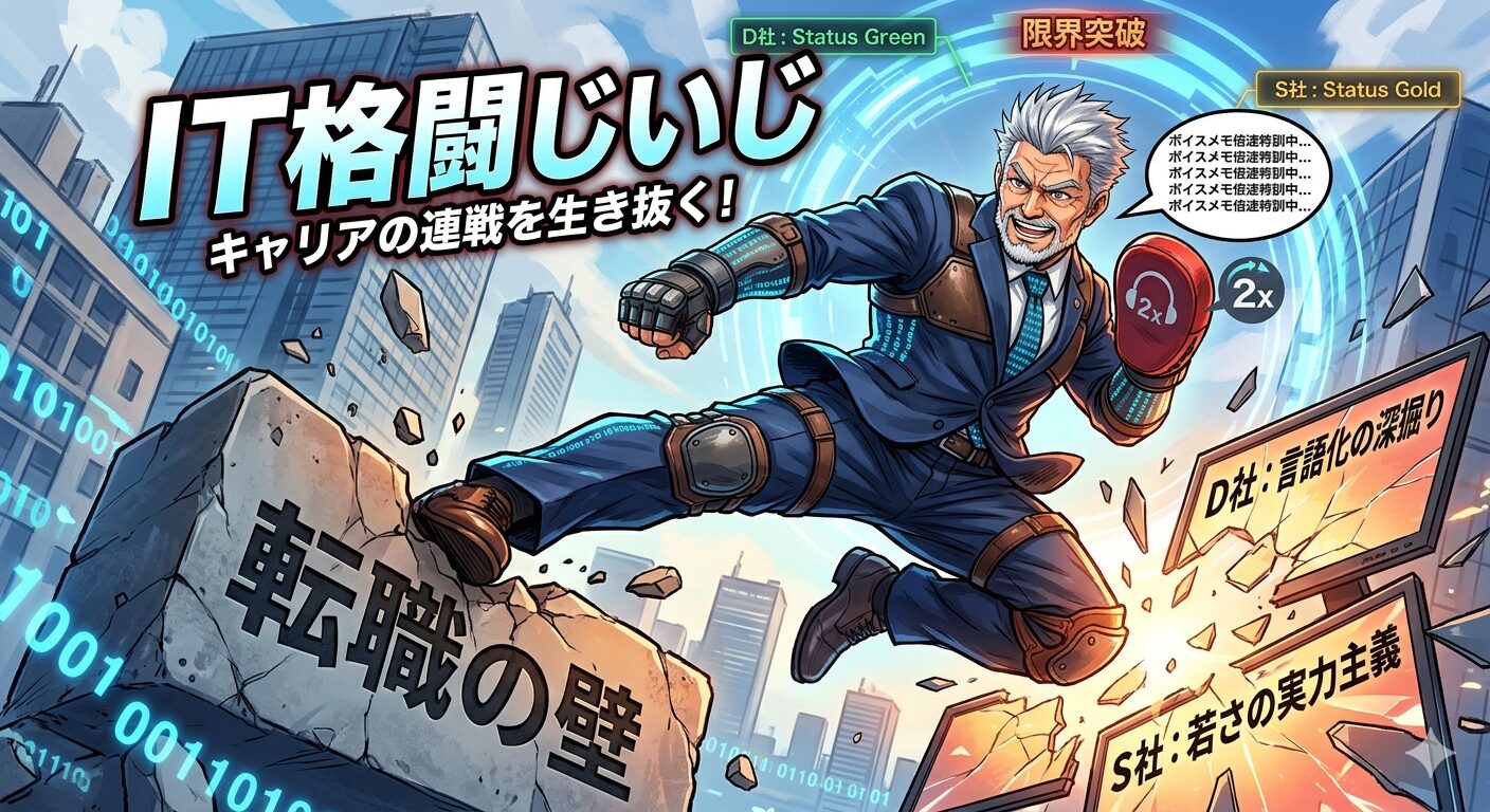 スーツ姿で転職の壁を打ち破るIT格闘じいじのイラスト。背景にはS社とD社の面接トピックとボイスメモ特訓のイメージ。