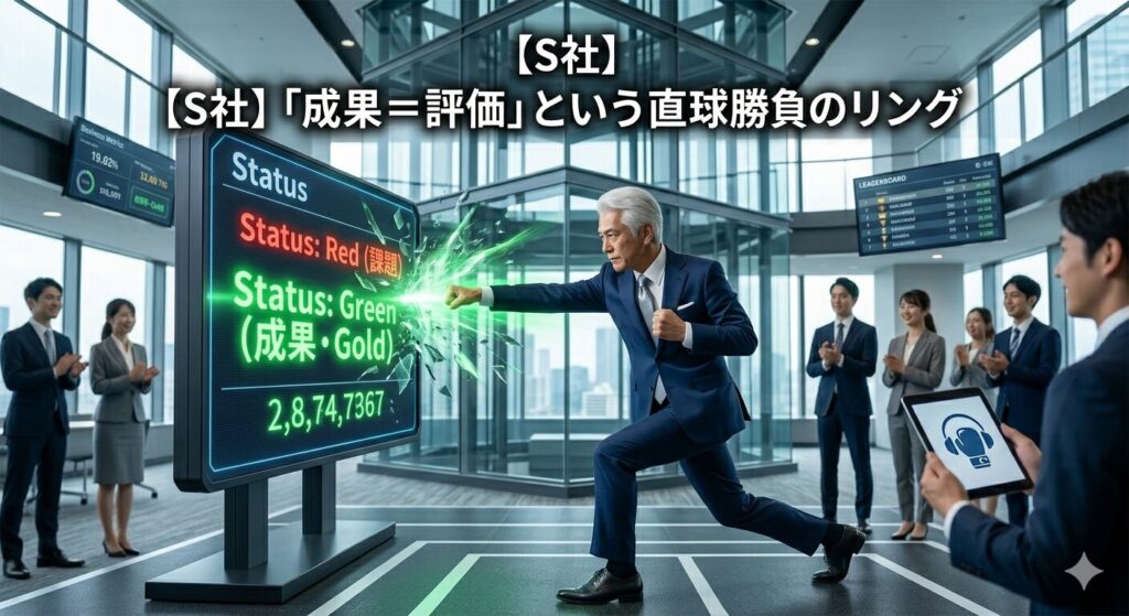 活気あふれるオフィスで、IT格闘じいじが「Status: Green」と表示されたモニターに正拳突きを繰り出し、成果を上げているイメージ。周囲の若手社員が驚きつつ拍手している。