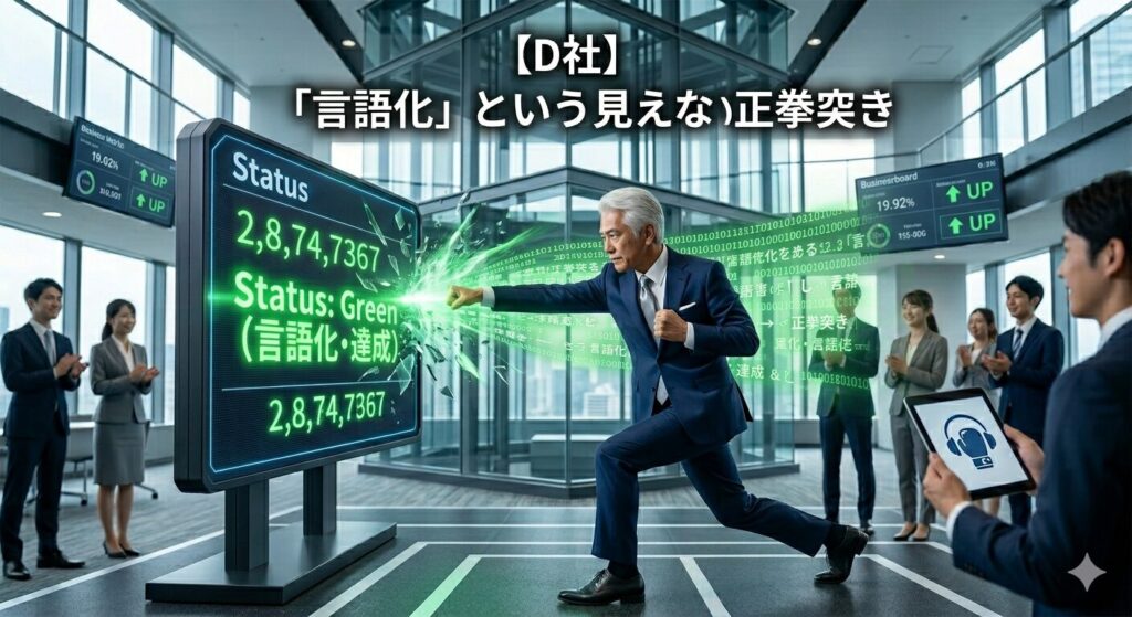 洗練されたコンサルティングファームのオフィスで、IT格闘じいじが「言語化・達成」と刻まれた論理の壁を正拳突きで打ち破るイメージ。
