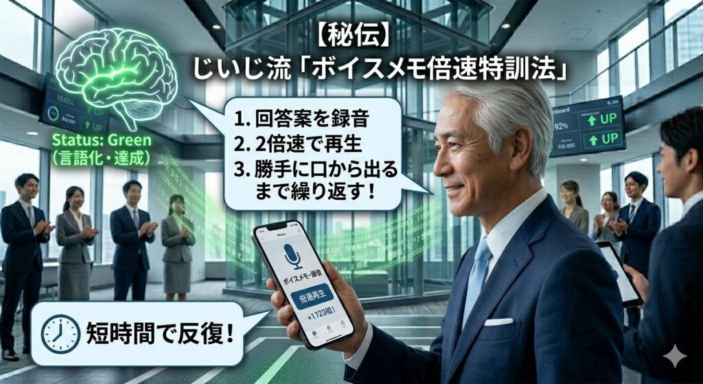iPhoneのボイスメモアプリを手に持つスーツ姿の男性と、脳内に「倍速再生」で回答を定着させるイメージ図。短時間での反復トレーニングを強調するデザイン。