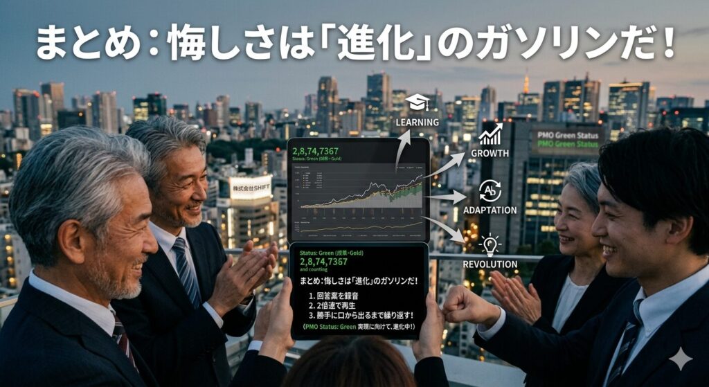 夕暮れの街並みを背景に、IT格闘じいじが仲間と高め合い、成長（GROWTH）や適応（ADAPTATION）といった進化のステップをタブレットで確認しているイメージ。