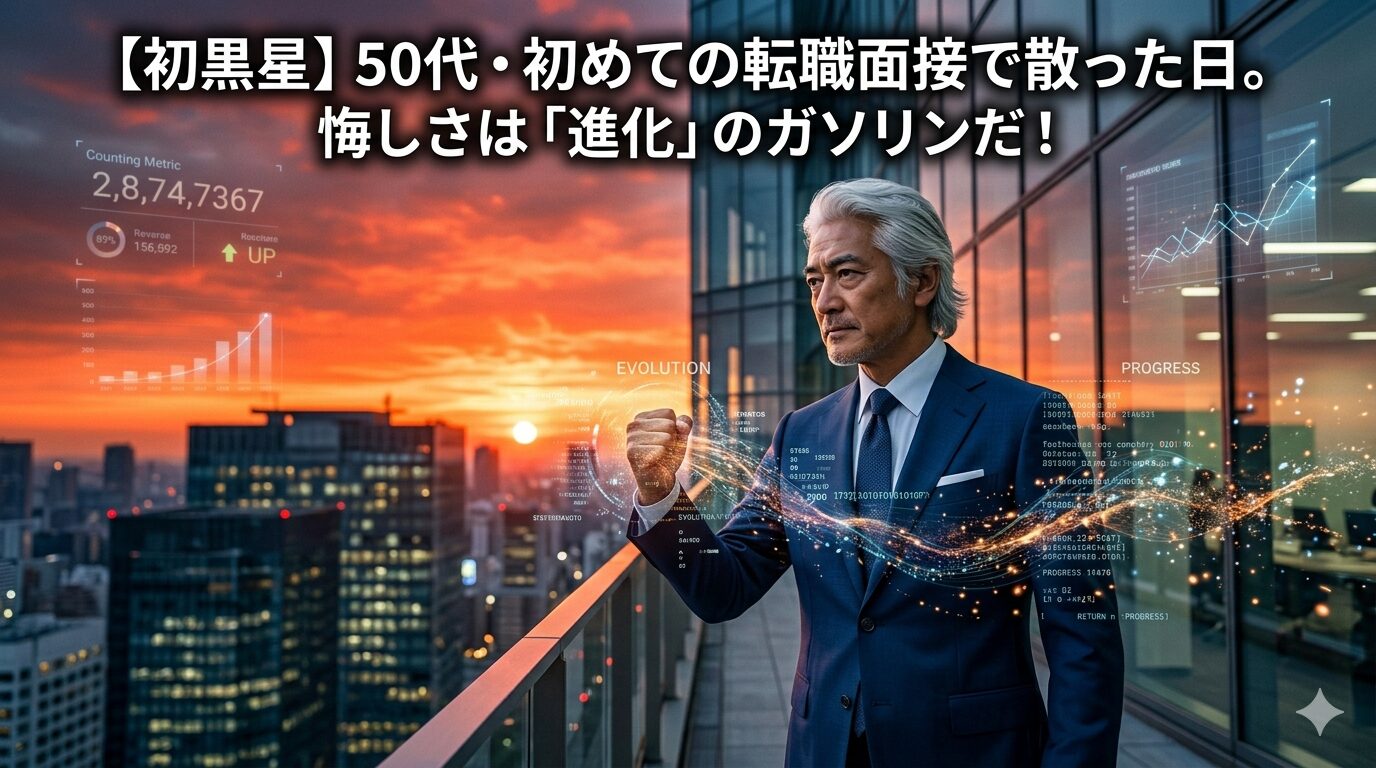 夕暮れの街を背景に、IT格闘じいじが再び立ち上がり、悔しさをガソリンに変えて進化する決意の正拳突きを繰り出しているイメージ。
