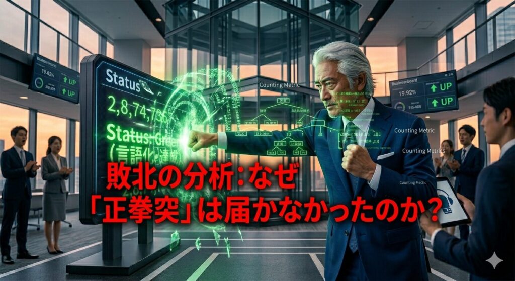 D社の面接で、IT格闘じいじの正拳突きが、緑色の複雑な論理バリアによって完全に吸収されているイメージ。以前のような破壊が起きず、壁を突破できていない様子。