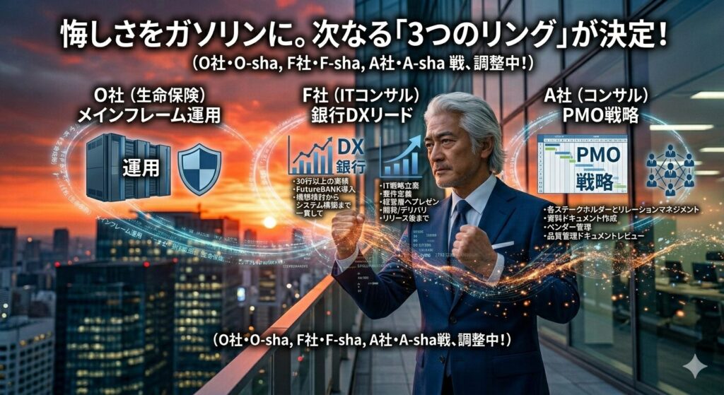 夕暮れの街並みを背景に、IT格闘じいじが再び立ち上がり、拳を握りしめている。彼の clenched fist からは、次なる挑戦相手であるO社（生命保険・メインフレーム運用）、F社（ITコンサル・銀行DX）、A社（コンサル・PMO戦略）の3つのデジタルなリングが、それぞれの特徴を表すアイコンと共に伸びている。