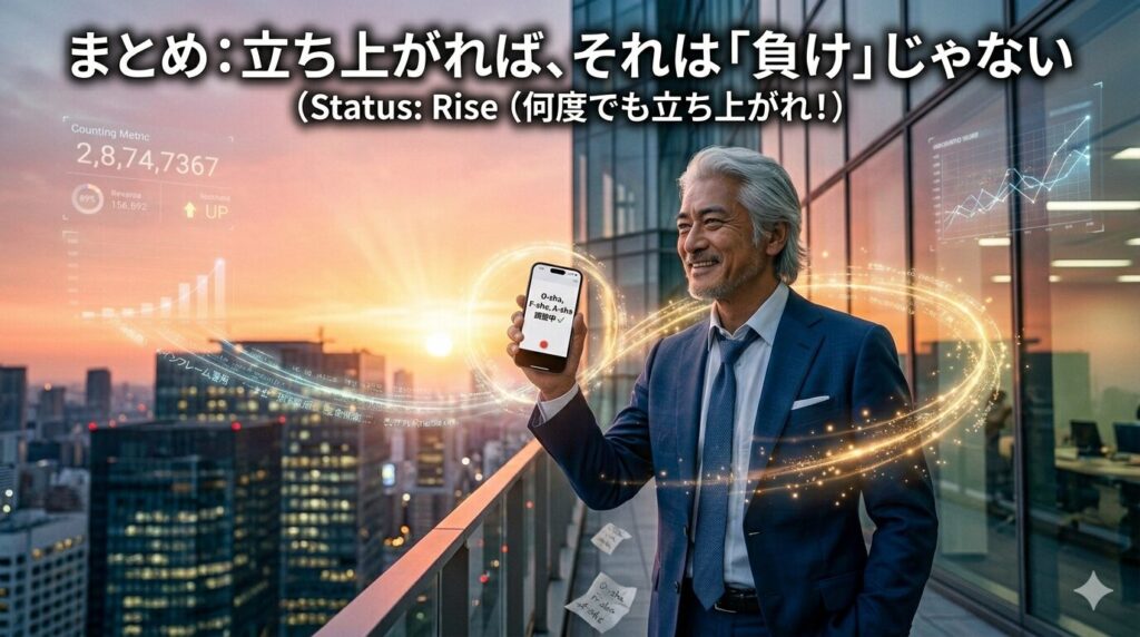 夕日が昇るような（あるいは美しい夕暮れの）都会のビル群をバックに、IT格措じいじが爽やかな笑顔を浮かべて立っている。彼の手元には「O-sha, F-sha, A-sha 調整中」と表示されたスマホがあり、そこから未来へ向けたポジティブな光のデータラインが広がっている。一度の敗北から見事に立ち上がった姿。