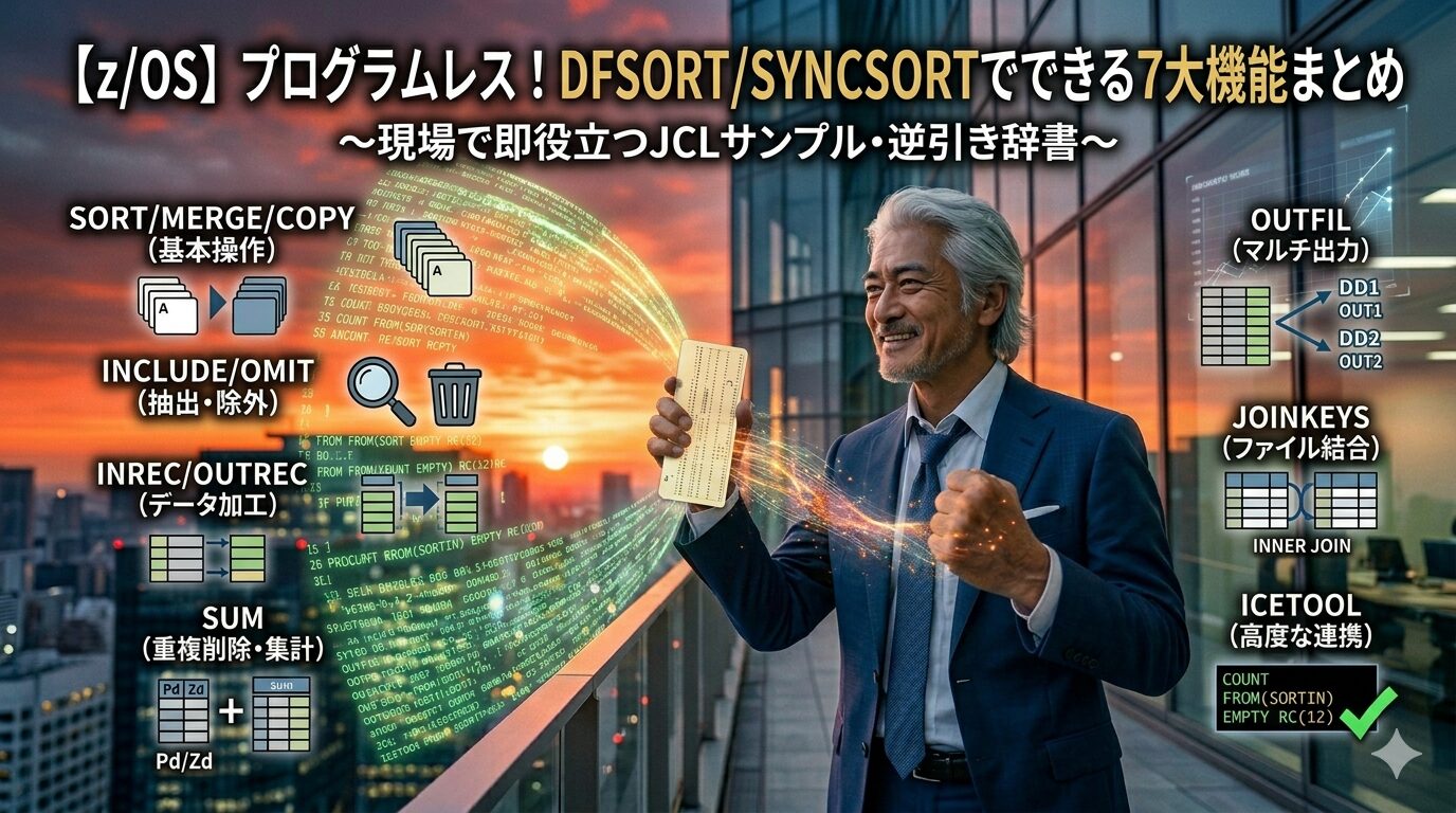 都会の夜明けをバックに、IT格闘じいじが爽やかな笑顔で、検証済みのJCL punched cardを手にしている。彼の手元からは、DFSORT/SYNCSORTの7大機能（SORT/MERGE, INCLUDE, OUTREC, SUM, OUTFIL, JOINKEYS, ICETOOL）が、完璧に制御されたデジタルな光の輪となって都会へデプロイされており、その光には検証済みのJCLサンプルコードが含まれている。挫折を乗り越え、最強のバッチ処理術を世界へ届ける決意。