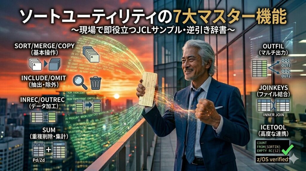 都会の夜明けを背景に、IT格闘じいじが「ソートユーティリティの7大マスター機能」を解説している。画面左右には、SORT/MERGE, INCLUDE, OUTREC, SUM, OUTFIL, JOINKEYS, ICETOOLの各機能の処理イメージがアイコンと共に分かりやすく配置されており、右下には「z/OS verified」のデバッグ完了スタンプが刻まれている。