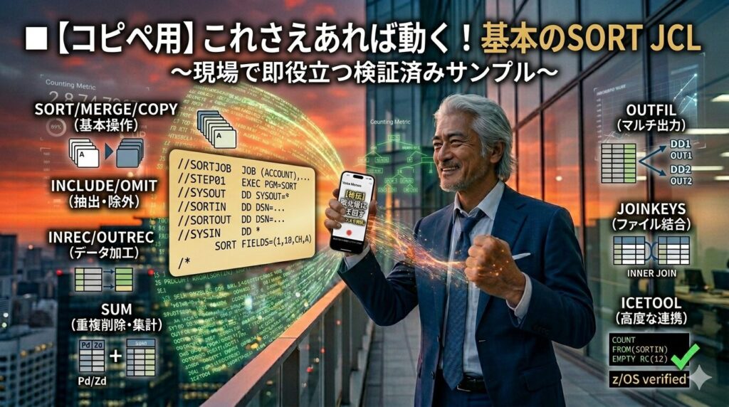 都會の夜明けを背景に、IT格闘じいじが爽やかな笑顔でスマホを手にしている。スマホの画面には、検証済みの『基本のSORT JCL（PGM=SORT）』のコードが、z/OS verified（検証済み）のスタンプと共にくっきりと表示されている。ボイスメモ（image_60.png）で磨いた『型』が、具体的なコードとして結実している様子。