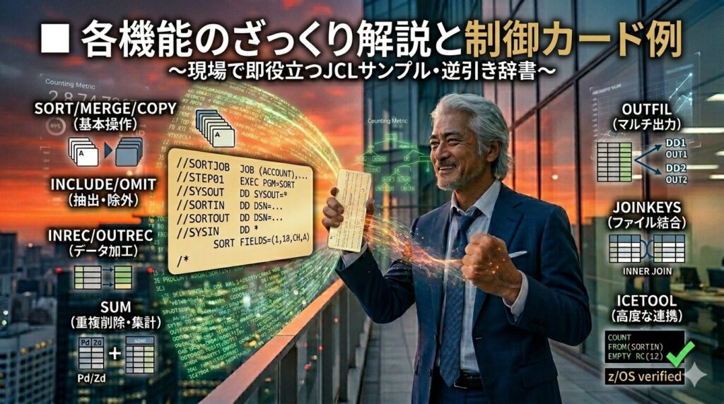 黄昏時の都會を背景に、IT格闘じいじが爽やかな笑顔で、検証済みのJCL punched cardと、同じコードが表示されたスマホを手にしている。彼の手元からは、完璧に制御されたデジタルな光が、都會の空へ『各機能のざっくり解説と制御カード例』というタイトルの大きな戦闘スタイルマップとしてデプロイされており、すべての機能に『z/OS verified（検証済み）』のスタンプが刻まれている。挫折を乗り越えたキャリアと技術の融合。