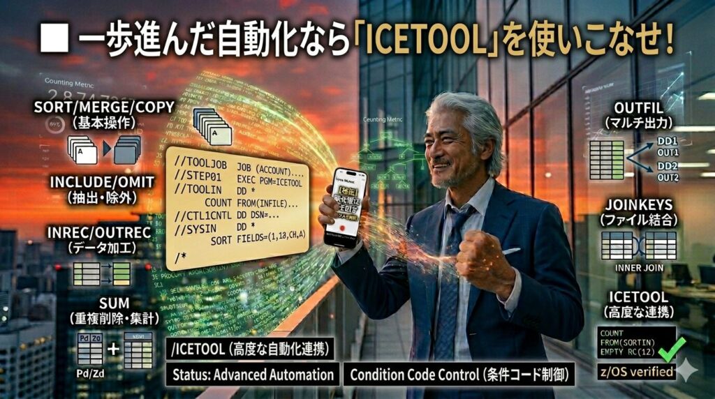 夕暮れのオフィスビルを背景に、IT格闘じいじが力強く拳を握り、満足そうな笑顔を浮かべている。彼の手元には、検証済みのICETOOL実行JCL（EXEC PGM=ICETOOL）が記載されたカードとスマホが浮かび上がっており、下部には「条件コード制御」や「z/OS verified」のデバッグ完了スタンプが配置されている。運用の完全自動化を体現した姿。