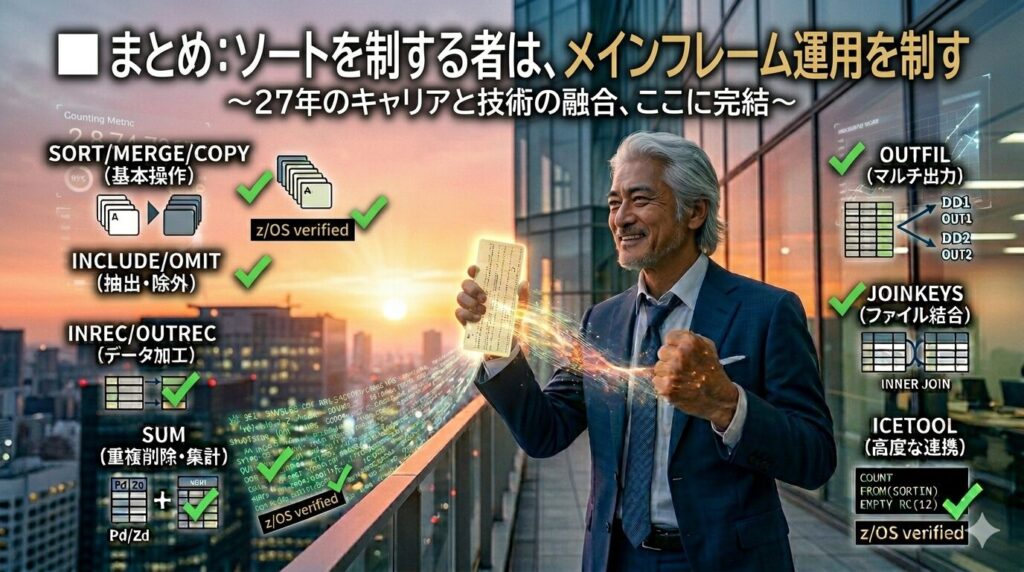美しい朝焼けの都会をバックに、IT格闘じいじが誇らしげな笑顔で力強くガッツポーズを決めている。彼の手元にあるJCLカードからは、検証済みの全ソート機能（SORT, INCLUDE, OUTREC, SUM, OUTFIL, JOINKEYS, ICETOOL）が展開されており、そのすべてに『z/OS verified』のスタンプと『緑のチェックマーク（合格）』が刻まれている。27年の技術と挫折が、完全な信頼性として結実した瞬間。