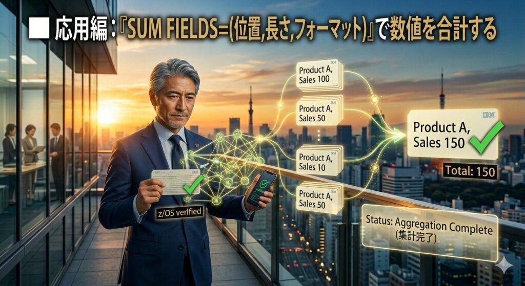 美しい朝焼けの都会を背景に、IT格闘じいじがスマートな表情でJCL punched cardとスマホを連携させている。彼の手元からは数値集計のアルゴリズムを意味するデジタルの光のネットワークが展開されており、同じキーを持つ複数の売上データが1つの合計値へと美しくマージされ、検証済みのスタンプと緑のチェックマークが刻まれている。緻密なロジックと技術の融合。