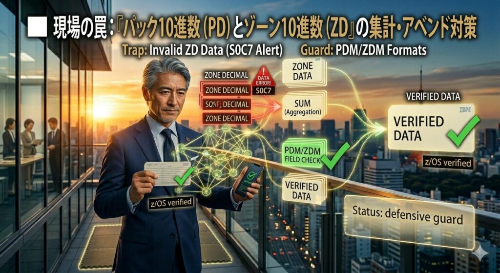 美しい朝焼けの都会を背景に、IT格闘じいじが鋭い眼差しでJCL punched cardとスマホを構え、データの防衛体制をとっている。左側では不正なゾーン10進数データによる『S0C7アベンド（データ例外）』の赤い警告が発生しているが、じいじが展開する『事前にスペースを弾くINCLUDEガード』によってデータが完全にクレンジングされ、安全に集計された検証済みデータだけが緑のチェックマークと共に処理されているダイアグラム。修羅場をくぐったベテランの防衛策。