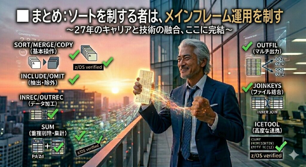 美しい朝焼けの都会を背景に、スーツ姿のIT格闘じいじが黄金に輝くJCL punched cardとスマホを誇らしげに掲げ、確かな実績を感じさせる笑顔を見せている。彼の左右には、SORT/MERGE、INCLUDE/OMIT、INREC/OUTREC、SUM、OUTFIL、JOINKEYS、ICETOOLというメインフレームソートの全主要機能が、緑のチェックマークと『z/OS verified』のスタンプ付きで整理された、技術の集大成を意味するマスターダイアグラムが展開されている。27年のキャリアと技術の融合。