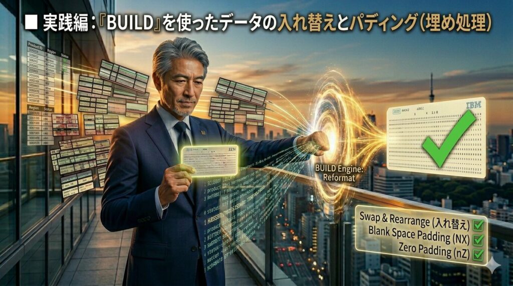 美しい朝焼けの都会を背景に、IT格闘じいじがスーツ姿で鋭いストレートパンチを放っている。彼の拳の先にある『BUILD Engine: Reformat』と書かれたデジタルの光のリングを通過することで、複雑なデータレイアウトが瞬時に再構築されている。右下のコンソールには、項目の入れ替え（Swap & Rearrange）、空白埋め（Blank Space Padding）、ゼロ詰め（Zero Padding）のチェックマーク付きリストが表示され、完璧に加工された検証済みのパンチカードが出力されているダイアグラム。