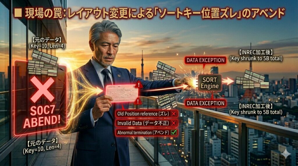 美しい朝焼けの都会を背景に、IT格闘じいじが厳しい表情で真っ赤に光るエラーシステムパネルを凝視している。図解には、元のデータ（Key=10, Len=4）がINRECによって全体で5バイトに縮小（Key shrunk to 5B total）されたにもかかわらず、古い位置を参照した（Old Position reference）ことでソートエンジン（SORT Engine）が『S0C7 ABEND!』『DATA EXCEPTION』の火花を散らして異常終了（アベンド）するメカニズムが描かれている。現場の罠の可視化。