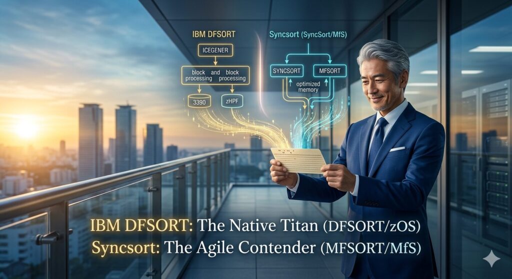 朝焼けのオフィスバルコニーで、銀髪のIT格闘じいじ（スーツ姿）が検証済みのJCLパンチカードを手に不敵に笑う。彼の上空には、ゴールドとシアンのデジタルエネルギーで描かれた、IBM DFSORTとSyncsort（MF/S）それぞれの処理フロー（ICEGENER、SYNCSORT、MFSORT、最適化メモリ経路）の比較図解が浮かび、技術的な違いが視覚化されている。