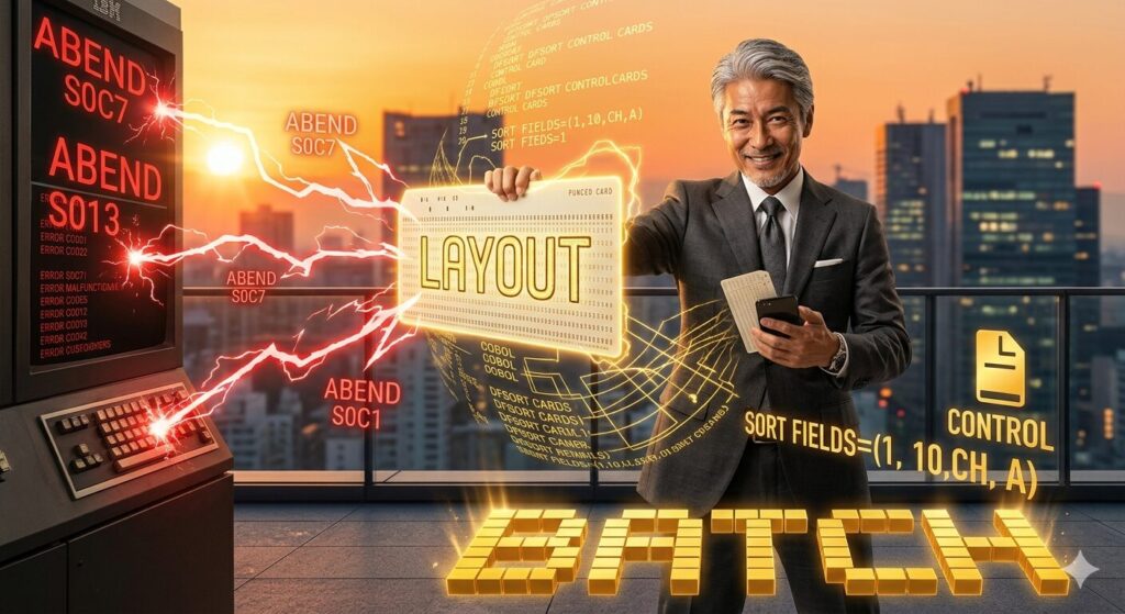 朝焼けのオフィスバルコニーで、銀髪のIT格闘家じいじが「LAYOUT」と書かれたゴールドに輝くパンチカードを掲げ、襲いかかる「ABEND（S0C7など）」の赤いエラーエネルギーをガードする。足元にはゴールドの「BATCH」の文字が並び、背後には最適化されたデータフローのフローチャートが展開。技術の最適化。