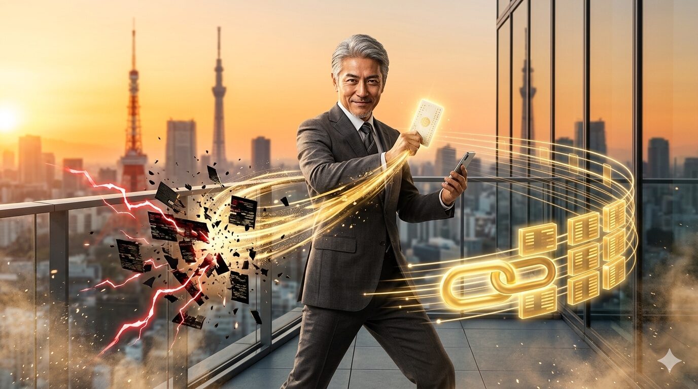 朝焼けのオフィスバルコニーで、銀髪のIT格闘家じいじがゴールドのデジタルエネルギーを操り、不要なデータブロックを砕き飛ばし（OMIT）、必要なデータブロックを整列（INCLUDE）させているダイナミックなアイキャッチ。手にはJCLパンチカードとスマホ。技術の最適化。