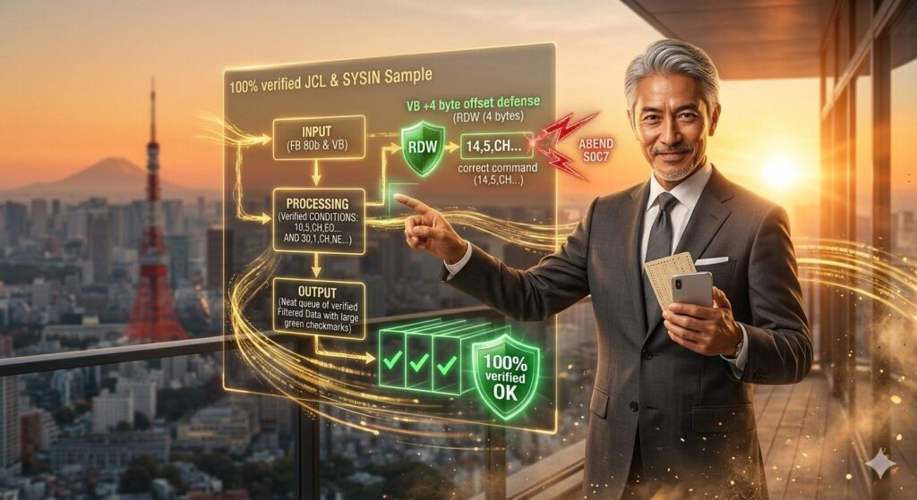 朝焼けの東京バルコニーで、銀髪のIT格闘家じいじが検証済みのJCLパンチカードを手に自信満々に微笑む。空中のホログラムディスプレイには、固定長と可変長データのフィルタリングフローチャートが描かれ、JCL条件（拠点コードTOKYO、売上フラグ無効以外）やVB属性のRDW（4バイト）に対する「+4バイトガード」の正しい命令文（14,5,CH...）が緑に輝くシールドで示されている。アベンドS0C7を無効化し、完璧に抽出されたグリーンに輝く filtered dataが「100% verify OK」のシールドと共に整然と並ぶ。技術の最適化。現場を制する力。