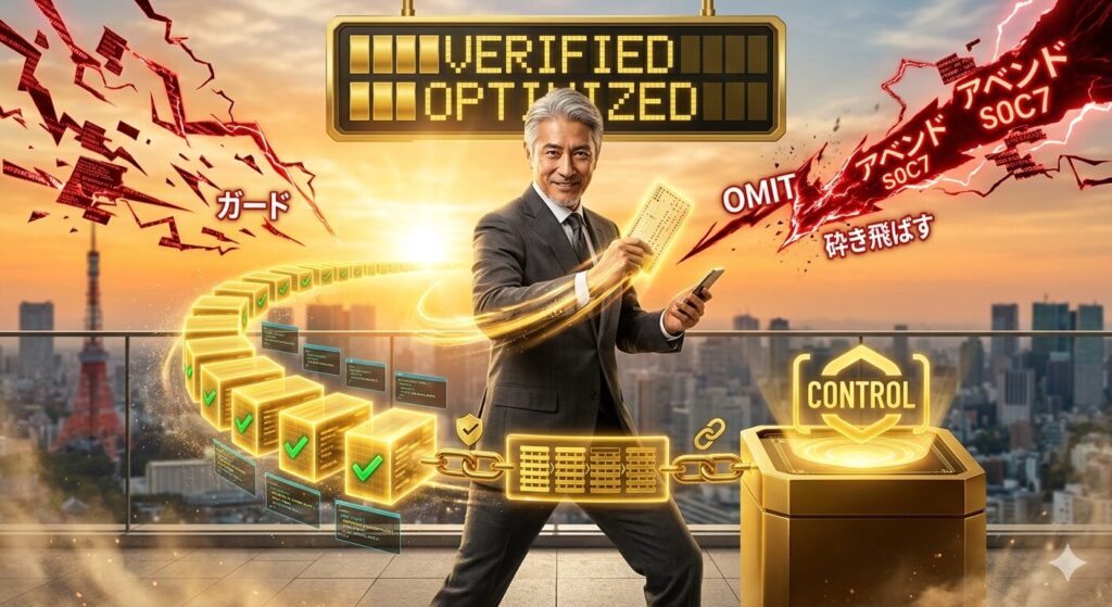 朝焼けの東京バルコニーで、銀髪のIT格闘家じいじがゴールドのデジタルエネルギーを操り、システムの混乱（アベンド、ノイズ）を一撃で「ガード（INCLUDE）」および「砕き飛ば（OMIT）」し、完全に最適化され、整然と並んだ検証済みデータフロー（gold data queues）を構築している。右手にはJCLパンチカードとスマホ。systemsの最適化。現場を制する力。