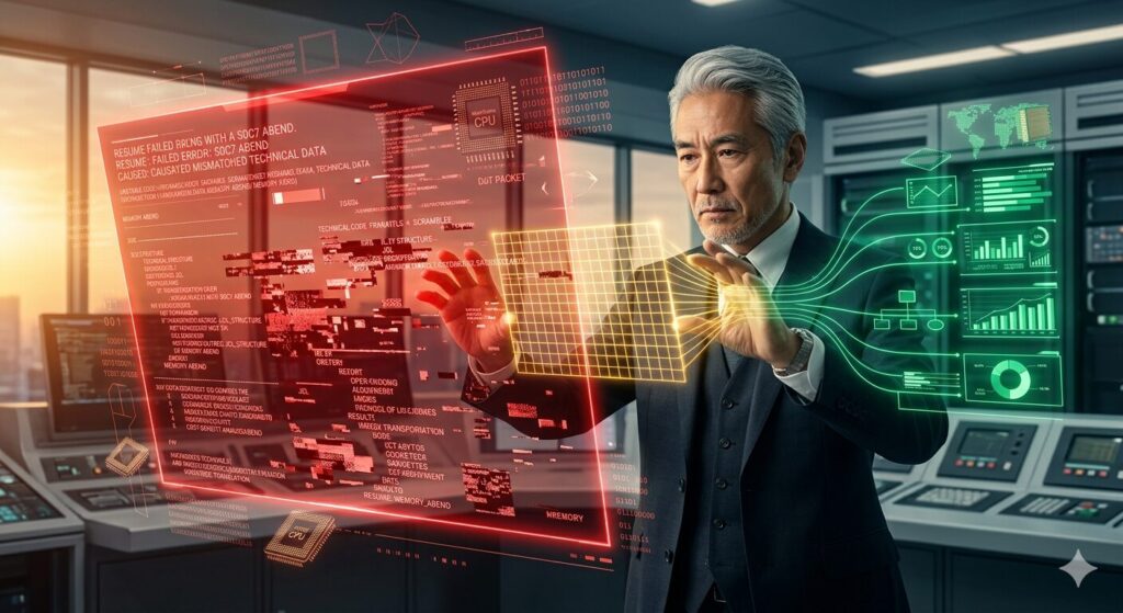 職務経歴書のデータ例外アベンド（S0C7）の警告画面に対し、IT格闘じいじが黄金のデジタルエネルギーでアライメントをシビアに修正し、技術データの羅列からコンサルタント用の緑のビジネス指標へと正確にフィルタリング（翻訳）しているテクニカルなバグ解析の図解。現場を制する力。
