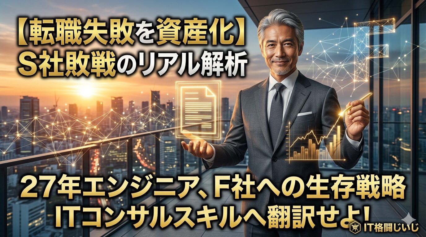 ⁠東京の朝焼けを背景に、スーツ姿のIT格闘じいじが黄金のホログラムで投影された職務経歴書とビジネスグラフを自信を持って指し示している。画像には「【転職失敗を資産化】S社敗戦のリアル解析」「27年エンジニア、F社への生存戦略」「ITコンサルスキルへ翻訳せよ！」という文字が鮮明に書かれている。⁠
