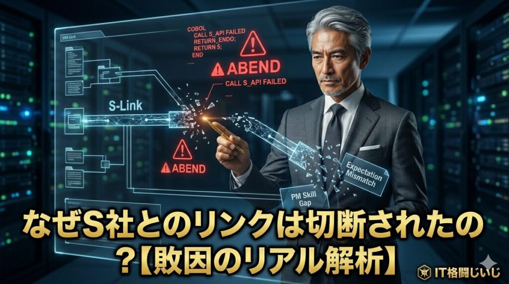 ⁠ダークなサーバー室で、スーツ姿のIT格闘じいじがデジタルホログラムを操作している様子。「S-Link」と書かれたネットワークが切断され、「ABEND」「Expectation Mismatch」「PM Skill Gap」という文字が赤く警告として表示されている。じいじが黄金のスタイラスでデータを解析し、敗因を突き止めよう