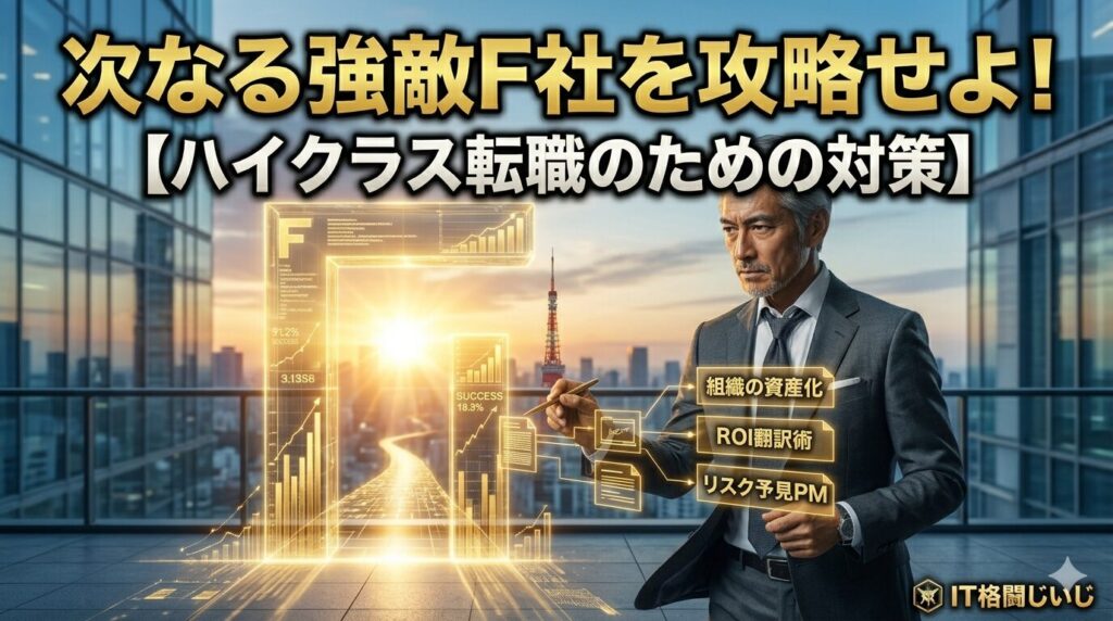 ⁠東京の朝焼けの高層ビル群を背景に、スーツ姿の銀髪エンジニア「IT格闘じいじ」が、巨大な黄金のF字型ホログラムゲートに向かって、ITコンサルスキル（組織の資産化、ROI翻訳術、リスク予見PM）が可視化された黄金のパスを展開している様子。画像上部には「次なる強敵F社を攻略せよ！【ハイクラス転職のための対策】」という文字が鮮明に書かれている。⁠